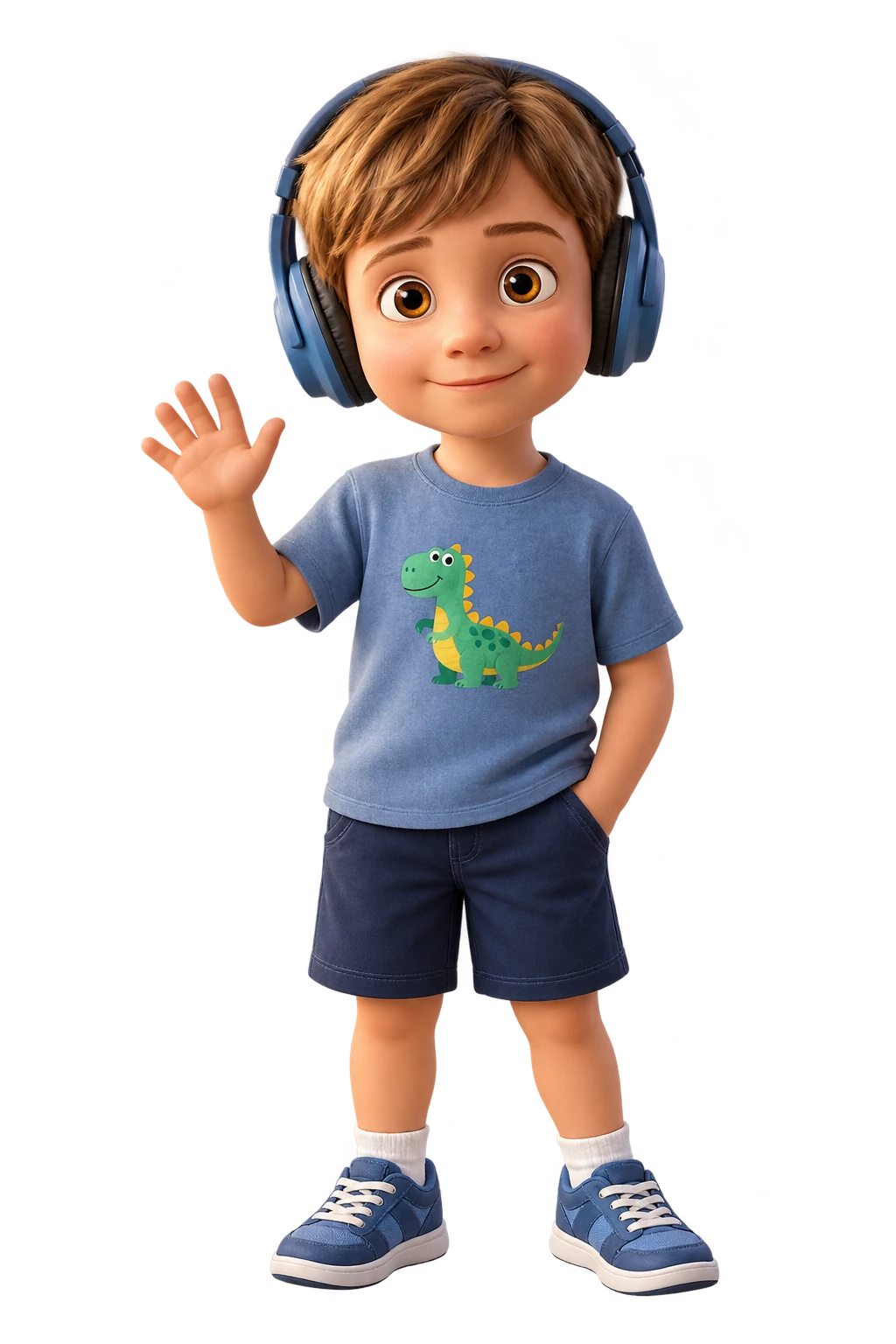 Ilustração 3D de um menino sorridente com fones de ouvido, acenando