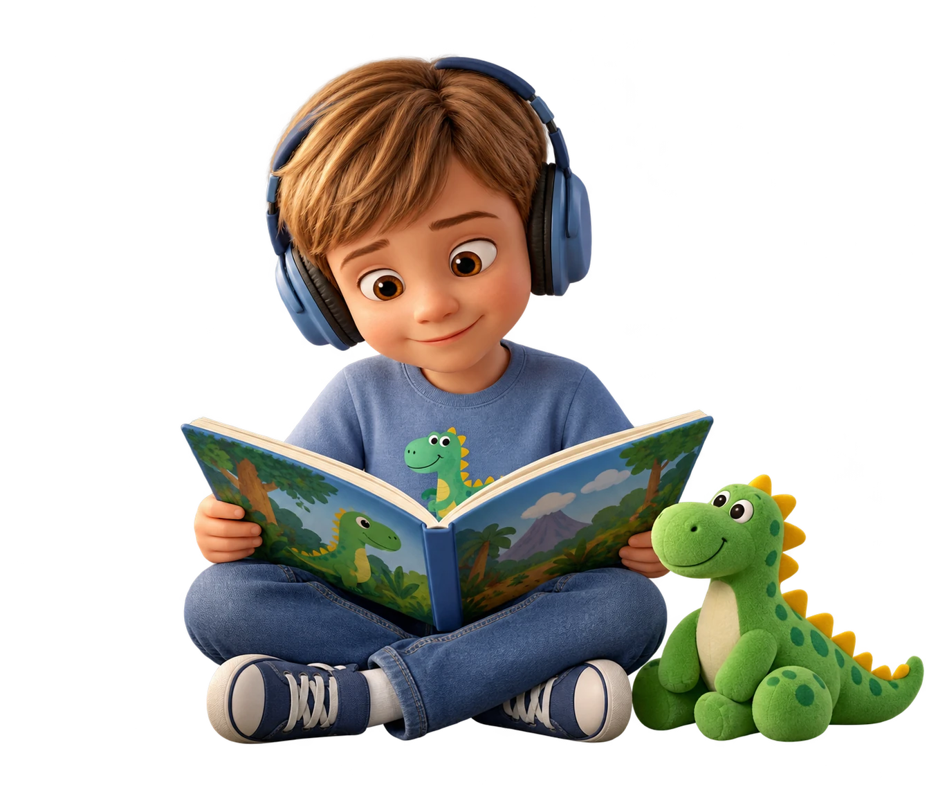 Ilustração 3D de um menino com fones de ouvido lendo um livro, sentado ao lado de um dinossauro de pelúcia